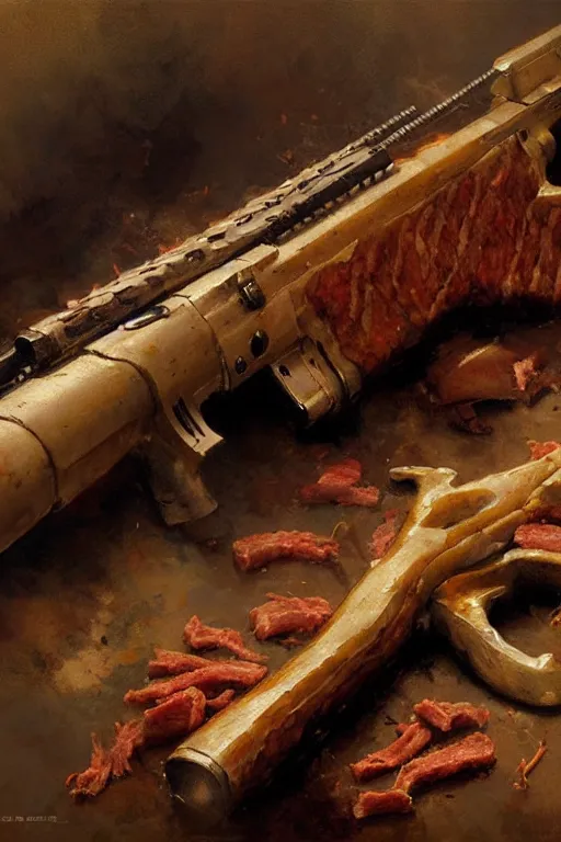 Prompt: gun made of meat and bone, painting by gaston bussiere, craig mullins, greg rutkowski, yoji shinkawa