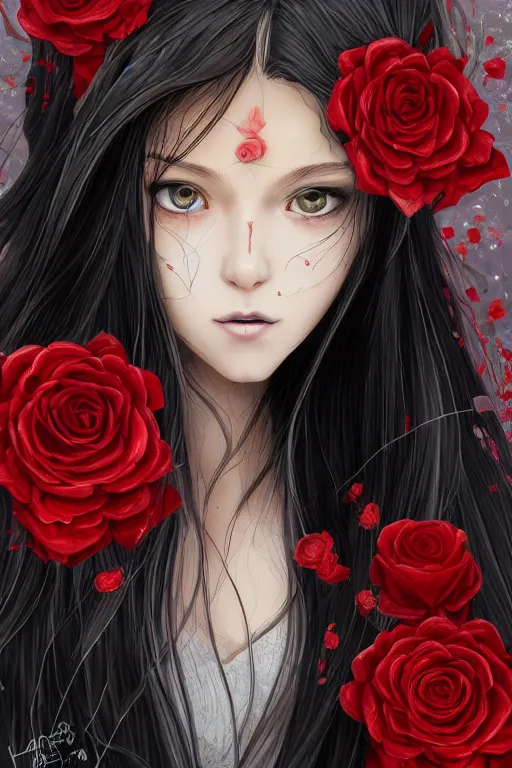 Image similar to high quality digital portrait of woman with long black hair, red eyes, red headband, golden roses in hair, anime, face, fantasy, intricate, elegant, highly detailed, digital painting, concept art, smooth, sharp focus, illustration, art by hiromu arakawa, krenz cushart, sui ishida, trending on artstation