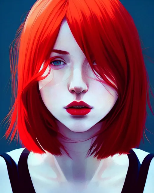 Image similar to a detailed portrait of a beautiful!!!! woman with red hair and freckles by ilya kuvshinov, digital art, dramatic lighting, dramatic angle