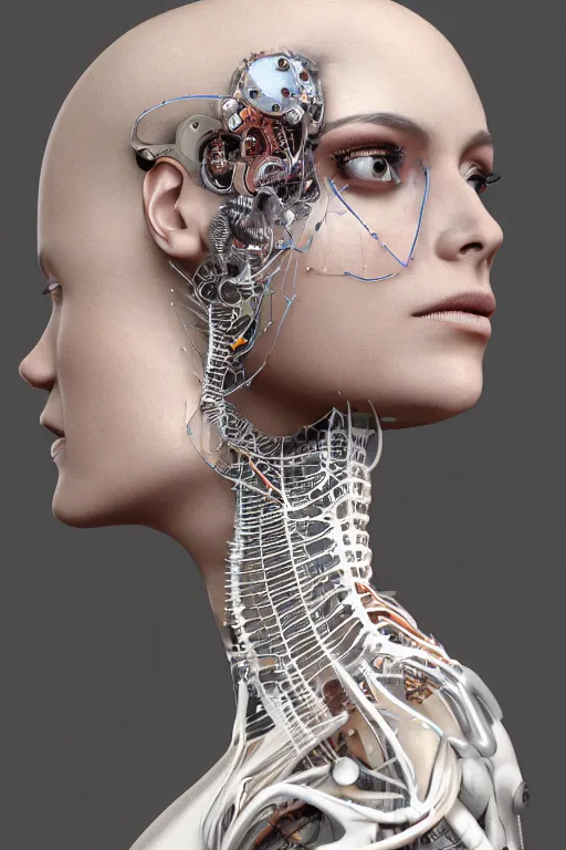 Prompt: profile face portrait of a beautiful female steampunk cyborg, high fashion, capacitors, neon lenses for eyes, mandelbrot fractal, anatomical, white flesh, facial muscles, wires, microchip, veins, arteries, full frame, microscopic, elegant, highly detailed, ornate, rim light, octane render, h. r. giger, and bouguereau