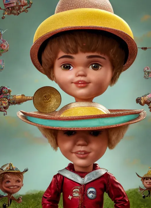 Image similar to highly detailed closeup, face profile portrait of justin bieber as a tin toy fairy - tale wizard wearing a sombrero eating ice cream, unreal engine, nicoletta ceccoli, mark ryden, earl norem, lostfish, global illumination, detailed and intricate environment