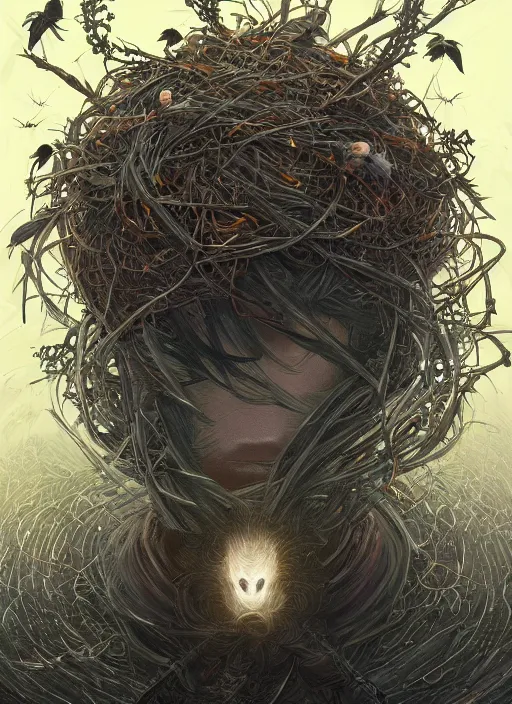 Prompt: nest on human head, nest like a wreath, cruelty, black crows, light effect, hyper detailed, intricate, elegant, highly detailed, digital painting, artstation, concept art, matte, sharp focus, illustration, by dan mumford, yusuke murata, makoto shinkai, ross tran