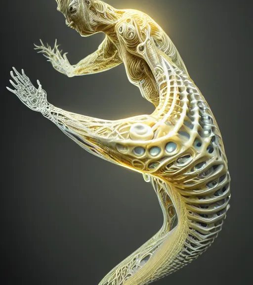 Image similar to abstract organic ornament in fluid creature, white and gold biomechanic plastic, glow lighting, fantasy, intricate, elegant, highly detailed, lifelike, photorealistic, octane render, 3d, concept art, smooth, sharp focus,