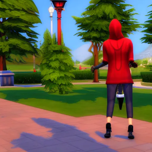 Prompt: a person wearing a red hood and holding a bell in sims 4 screenshot