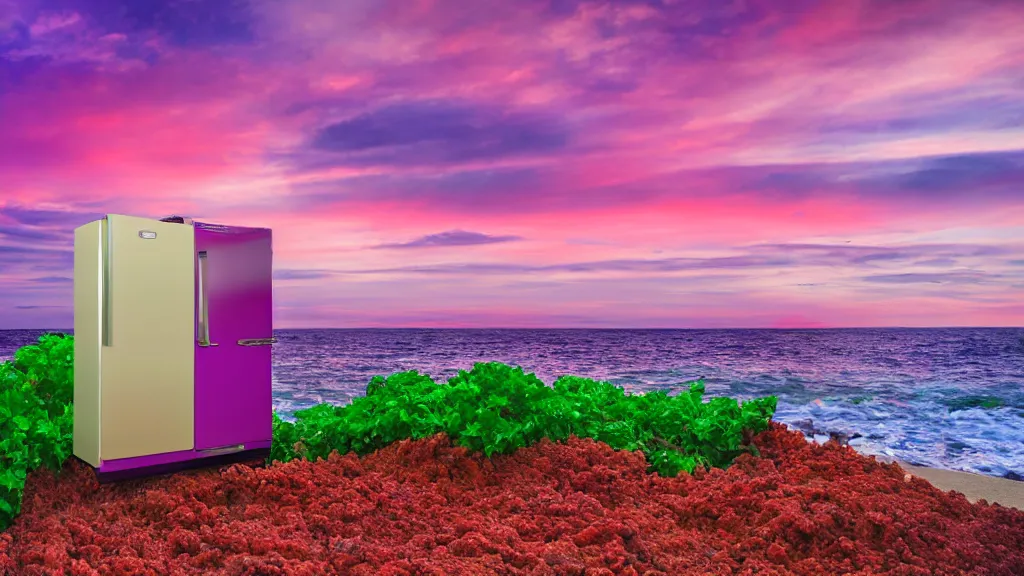Prompt: purple refrigerator, red beach, green ocean, nebula sunset
