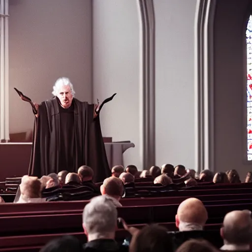 Image similar to emperor palpatine preaching to people at church, 8k cinematic lighting, very sharp detail, anatomically correct