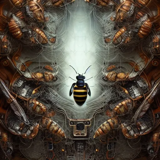 Image similar to A photorealistic 3d render of a robot Bee made of circuits wide view shot by ellen jewett , tomasz alen kopera and Justin Gerard symmetrical features, ominous, magical realism, texture, intricate, ornate, royally decorated, android format, windows, many doors, roofs, complete house , whirling smoke, embers, red adornments, red torn fabric, radiant colors, fantasy, trending on artstation, volumetric lighting, micro details, 3d sculpture, ray tracing, 8k