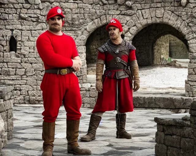 Image similar to promotional image of real life super mario in game of thrones, realistic, red cap, red clothes, detailed face, movie still frame, promotional image, imax 70 mm footage