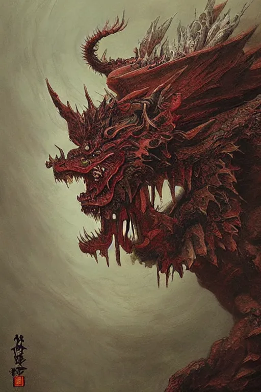 Image similar to oimmortal beast from chinese mythology, chinese dragon slayer concept art, beksinski