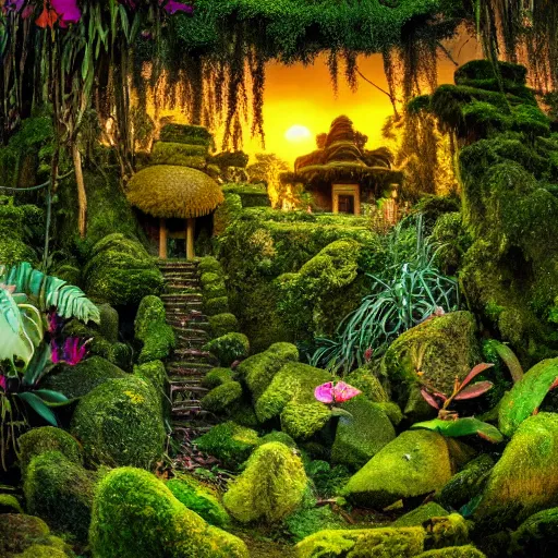 Image similar to a jungle temple surrounded by moss and tropical flowers, with a sunset, by alex horley, bokeh photography, amber colour