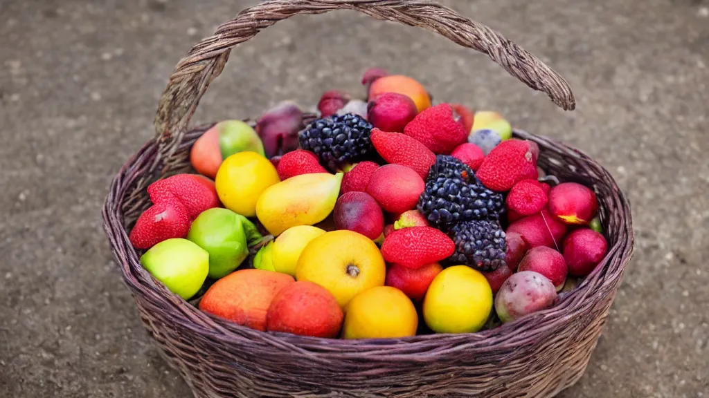 Prompt: a basket of fruites aperture f / 2. 8