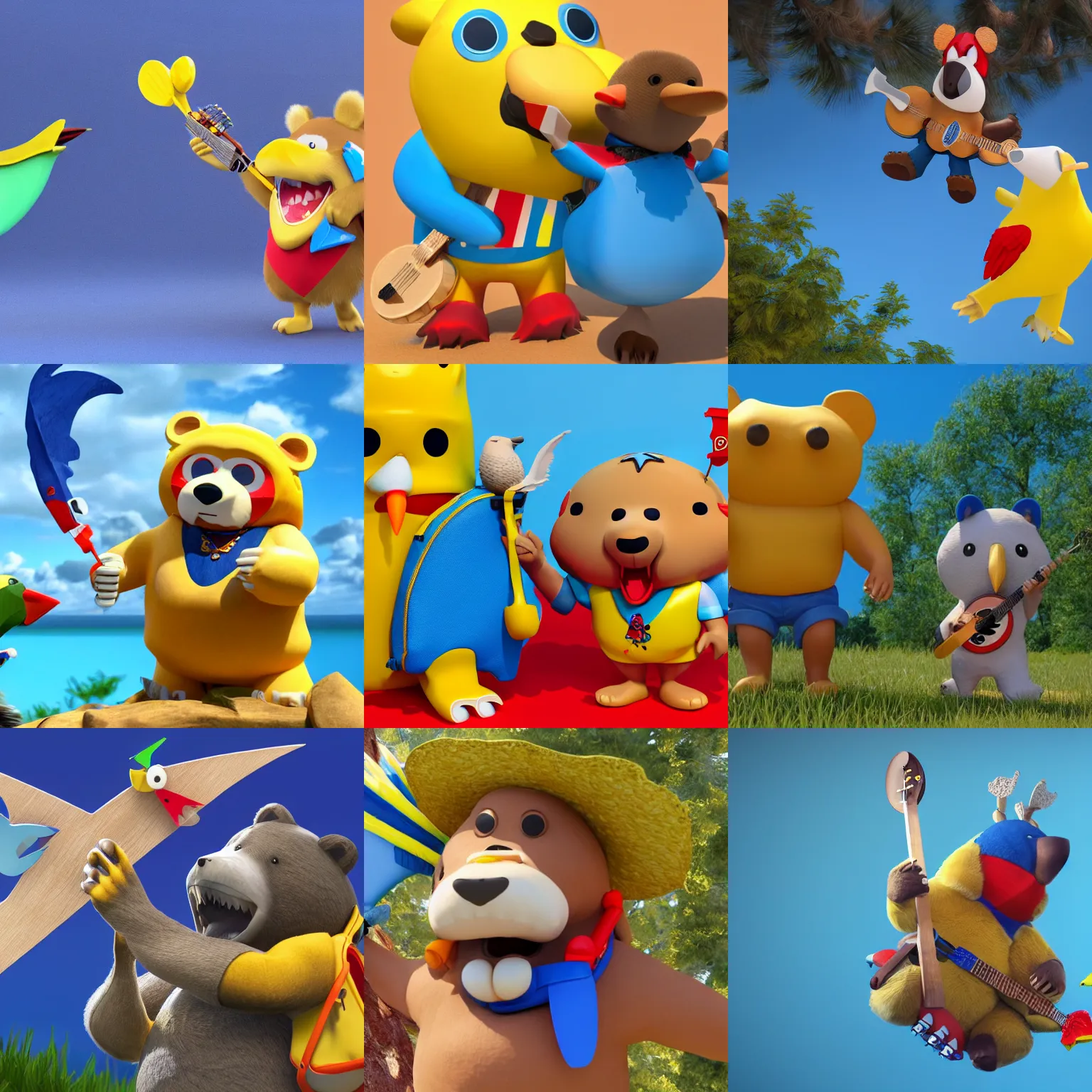 Prompt: A bear with yellow shorts and shark tooth necklace wearing a blue backpack with a red bird poking out of it. The bear is playing a banjo and the bird is playing a kazoo, 3D render, unreal engine