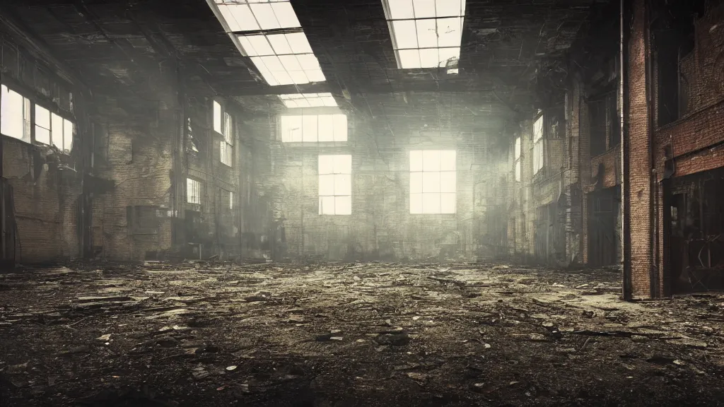 Image similar to abandoned factory, dimly lit, unknown figure lurking in background, unsettling, 4 k, photo realistic