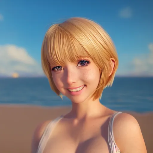 Image similar to Render of a very beautiful 3d anime girl, short blonde hair, hazel eyes, cute freckles, full round face, short smile, cute sundress, golden hour, serene beach setting, medium shot, mid-shot, highly detailed, trending on Artstation, Unreal Engine 4k