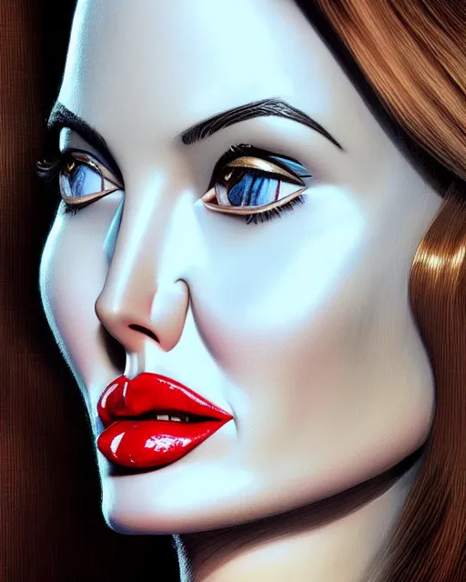 Prompt: closeup profile face profile portrait of a tin toy angelina jolie as a waitress in a diner, bikini, hyper realistic, artstation, illustration, concept art by bill ward, digital paint, matte paint, vivid colors, bright, cheerful, detailed and intricate environment