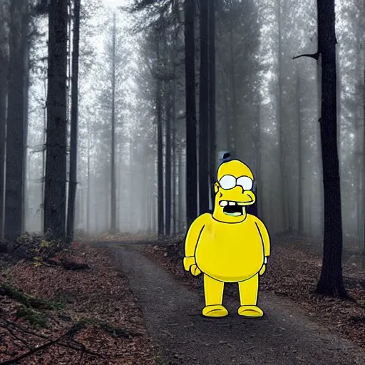 Image similar to Photorealistic homer Simpson in the woods creepy