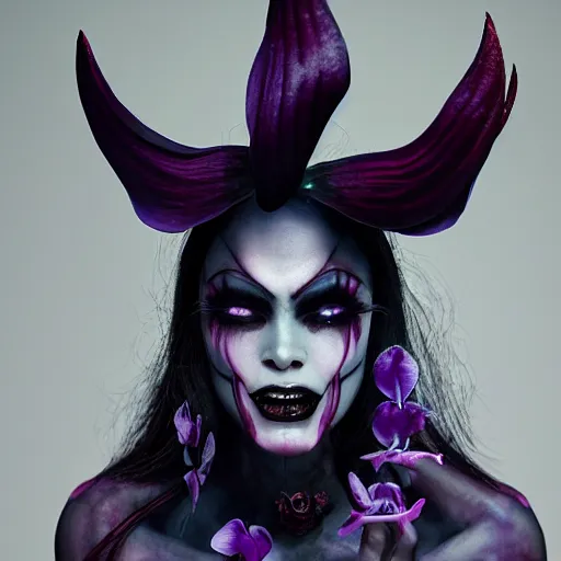 Prompt: a demon inspired by orchids created by the make up artist hungry, photographed by andrew thomas huang, cinematic, expensive visual effects