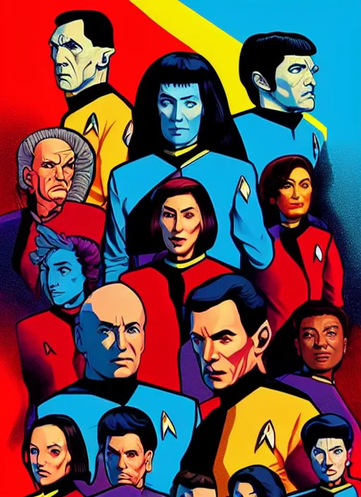 Image similar to Star Trek TNG crew portrait photo, Cyberpunk 2049, highly detailed, poster artwork by Michael Whelan and Tomer Hanuka