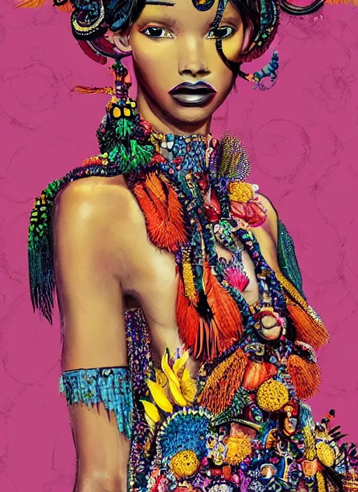 Prompt: beautiful portrait of a super model wearing fantastic dress,embellished beaded feather decorative fringe knots ,colorful pigtail,subtropical flowers and plants,perfect symmetrica body shape,symmetrical face,intricate,elegant,highly detailed,8k,post-processing,digital painting,trending on pinterest,harper's bazaar,concept art, sharp focus, illustration, by artgerm,Tom Bagshaw,Lawrence Alma-Tadema,greg rutkowski,Alphonse Mucha,golden ratio