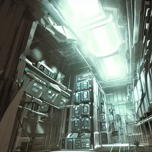 Prompt: parallax datacenter server room interior single mono colossus white rusty android guest robosaurus tusk artstation cinematic detailed concept art sharp coherent cgsociety symmetric perfect well balanced shadows lotr swithes routers