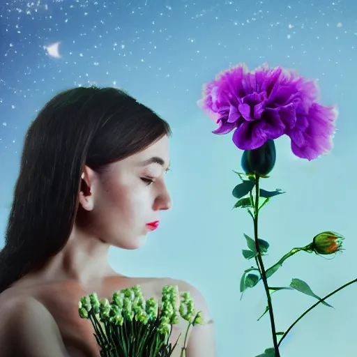 Image similar to a photo art of a romantic woman with flowers grow out of hair, roses peonies forget-me-nots dahlias lupins gladioli, sky theme in background, 35mm Photograph, 4K Resolution, Astrophotography, Digital Art, Trending on artstation