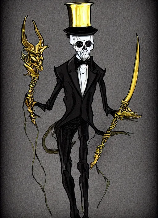 Image similar to DND character art, skeletal male figure, wearing a deep black suit!!! and tie and top hat, holding a gold! cane!, blue flames!!