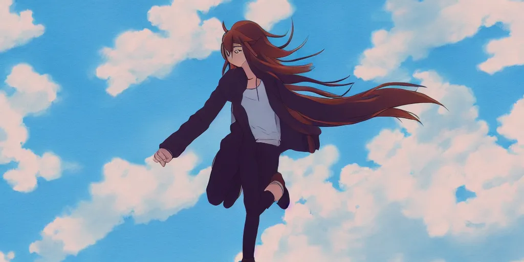 Image similar to a teenage girl flying among the clouds, anime drawing in the style of Makoto Shinkai