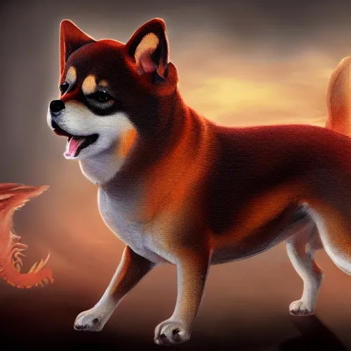 Prompt: a painting of a shiba inu with dragon wings, hd, hdr, ue 5, ue 6, unreal engine 5, cinematic 4 k wallpaper, 8 k, ultra detailed, high resolution, artstation, award winning