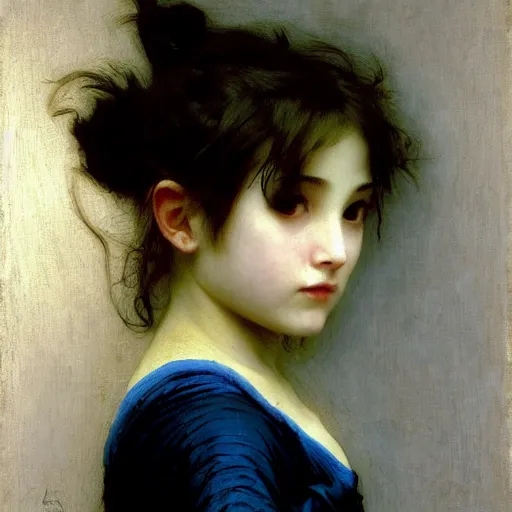 Prompt: little angry girl with blue hair. By Bouguereau. Ruan Jia. Ayami Kojima. Masterpiece