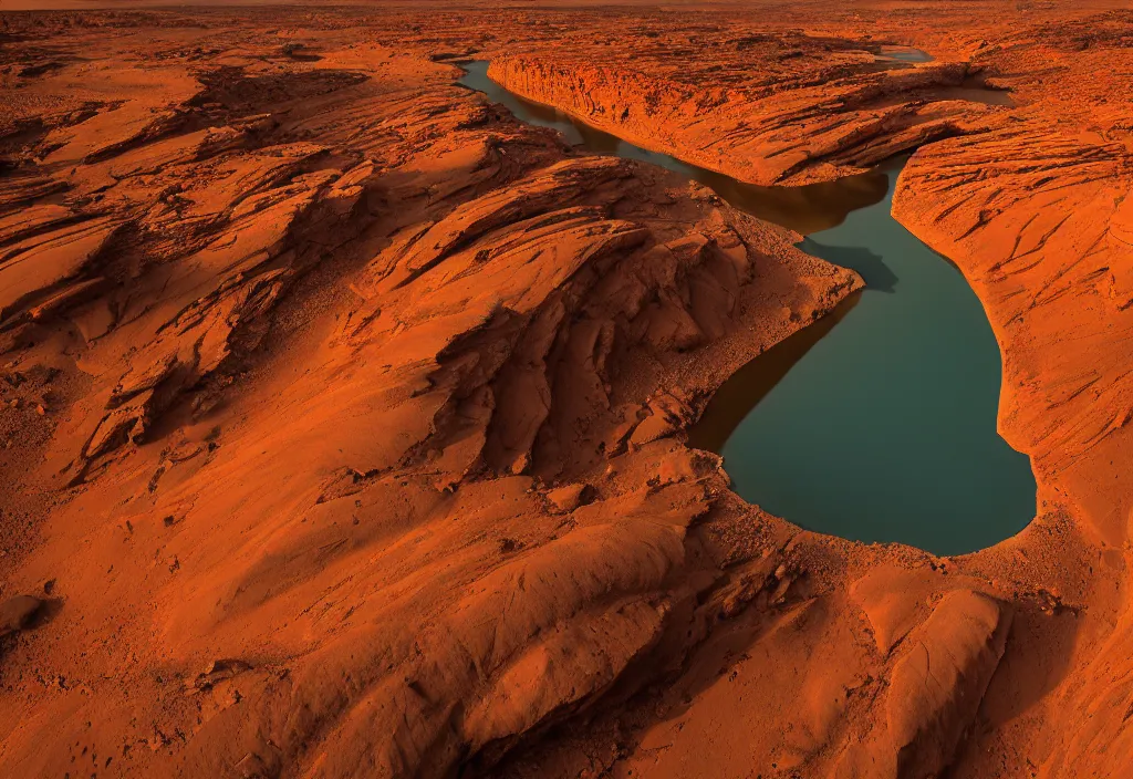 Image similar to a river bend running through a canyon surrounded by desert mountains at sunset on mars, planet mars, moab, utah, ground - level, a tilt shift photo by frederic church, trending on unsplash, hudson river school, photo taken with provia, national geographic photo