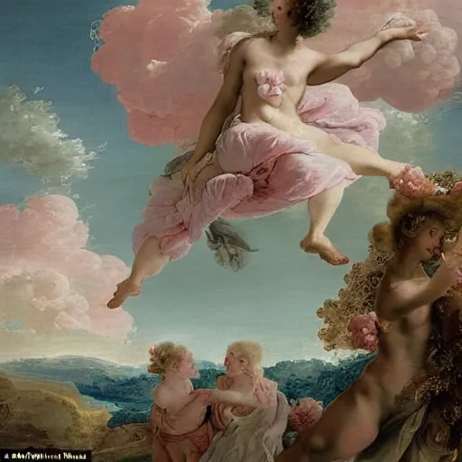 Image similar to heaven on pink clouds adopts the language of Rococo, reimagining the dynamism of works by eighteenth-century artists such as Giovanni Battista Tiepolo, François Boucher, Nicolas Lancret and Jean-Antoine Watteau through a filter of contemporary cultural references including film, food and consumerism