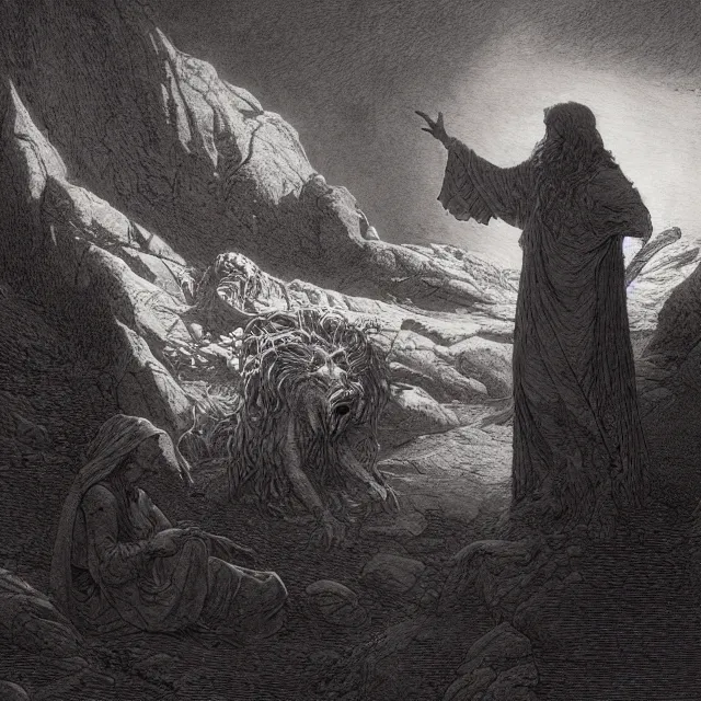 Image similar to etching by Franklin Booth and Gustav Doré showing frightened sorcerer in the desert by night, surrounded by nightmares in the shadows, mystic athmosphere, by Greg Rutkowski, deformed rocks, snakes, scorpions, UHD, 8K,