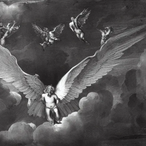 Image similar to melancholic, placid low - key lighting by giovanni battista gaulli. a photograph of a winged creature, flying high above a group of people in a dark, wooded area. the creature's wings are spread wide & its head is turned upwards, looking towards the sky. people below looking up at creature awe & fear.