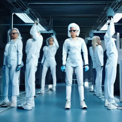 Image similar to troop of identical athletic female clones in formation, white hair, tight light blue neopren suits, in rows, futuristic chemistry lab, sci - fi, highly detailed, cinematic