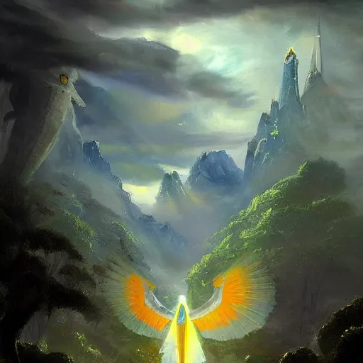 Image similar to a beautiful painting about a futuristic spaceship landing in a misty Asian rainforest, surrounded by mountains and clouds. Featured on Artstation. tall bright numerical village pyramid osprey citrus archangel, by Valentine Hugo and Robert Henri and Banks