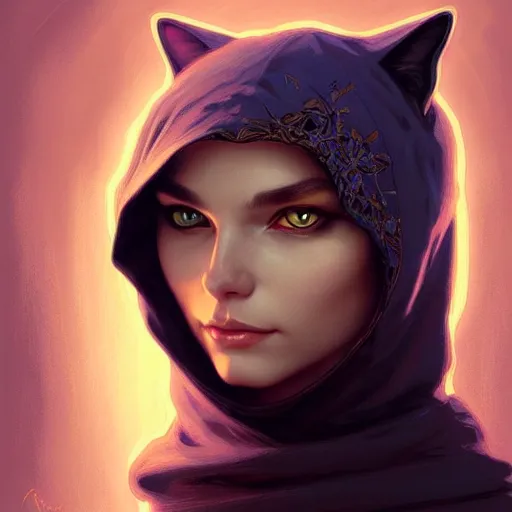 Image similar to portrait of cat wizard wearing a hood, face, fantasy, intricate, elegant, highly detailed, digital painting, artstation, concept art, smooth, sharp focus, illustration, art by artgerm and greg rutkowski and alphonse mucha