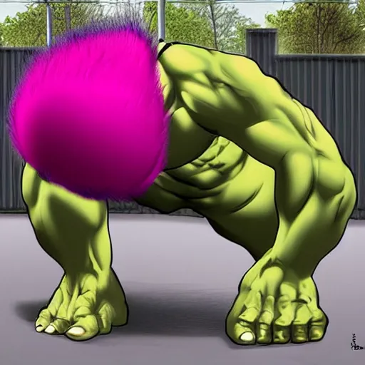 Prompt: hyper - realistic scrawny hulk with baggy pants and a pink mohawk