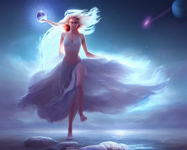 Prompt: a lone beautiful ethereal spirit floating running quicklly with both legs along the shimmering crystalline shores of eternity, universe and planets and stars in the sky, unusual surreal, gorgeous artwo 6 rk by artgerm, rutkowski, wlop, detailed, dramatic lighting