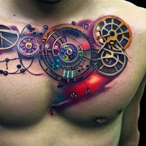 Image similar to chest tattoo of a 3 d hole in the skin with a shiny multicolored metallic gears and tubes robotic mechanics inside under the skin, insanely integrate,