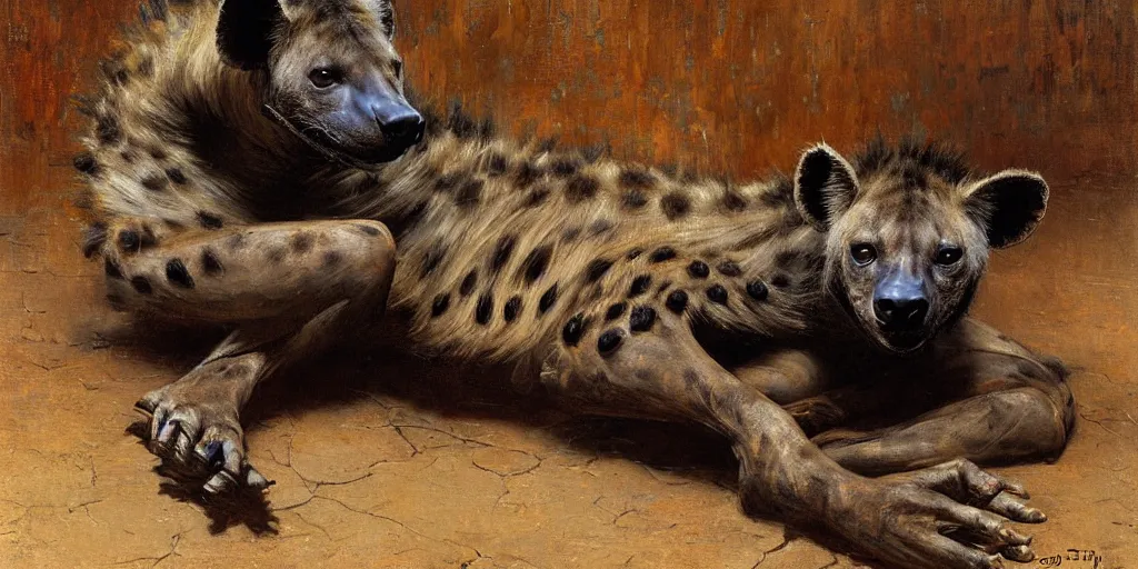 Image similar to an exhausted hyena wearing tshit and jeans sitting on the floor. highly detailed painting by gaston bussiere, craig mullins, j. c. leyendecker 8 k