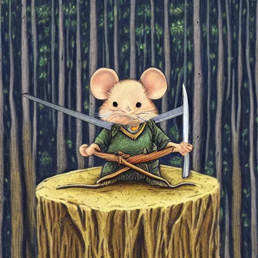 Prompt: a mouse with a sword sits on a stump, deep forest, by rivuletpaper, rivuletpaper art, MouseGuard by David Petersen,