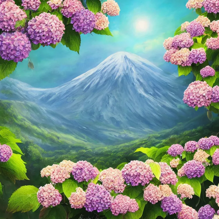 Prompt: a beautiful painting of hydrangea and a landscape of the mountain valley, clematis theme logo, clematis theme banner, clematis design, clematis in the deep sea, clematis like stars in the sky, hydrangea, trending on artstation, warm light, lovely and cute, fantasy art, 8 k resolution, highly detailed