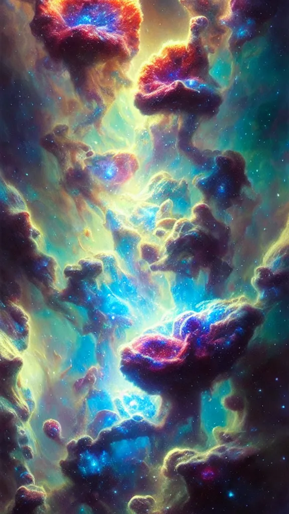 Image similar to psychedelic transcendent puffs! of smoke, space, supernova, nebulae, pillars of creation, enlightenment, high contrast lighting, highly detailed, concept art, art by collier, albert aublet, krenz cushart, artem demura, alphonse mucha