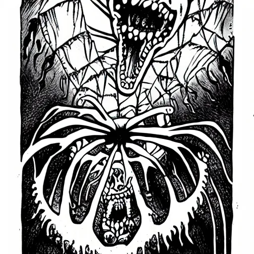 Image similar to spider dog monster with four heads breathing fire and crushing buildings, in the style of Junji Ito heavy ink