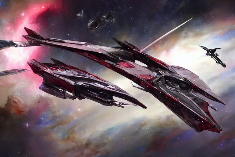 Image similar to gnostic space nebula framing a pteranodon mecha interceptor, small against the backdrop of space, white john berkey armor panels, wine-red and grey trim, robotech styling, with white Kanji markings outlined in black, boeing concept art painting, cinematic lighting, amazing lifelike cinematic photo render