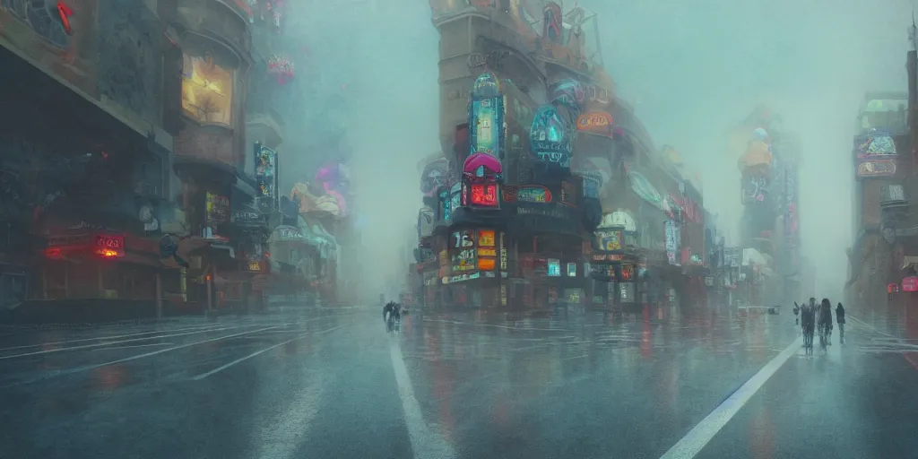 Prompt: street at las vegas, foggy rainy day, matte painting, studio ghibli, artstation