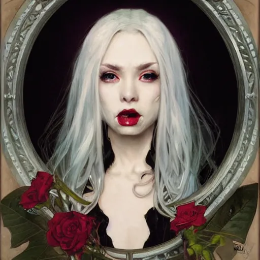 Prompt: portrait of a menacing beautiful vampire by Stanley Artgerm Lau , greg rutkowski, thomas kindkade, alphonse mucha, loish, norman rockwell, J. C. Leyendecker. bright white hair, pale skin, angry complexion, detailed eyes, detailed mouth, clean face, black rose frame. D&D, fantasy. Trending on artstation rule of thirds extremely detailed old illustration hd 4k