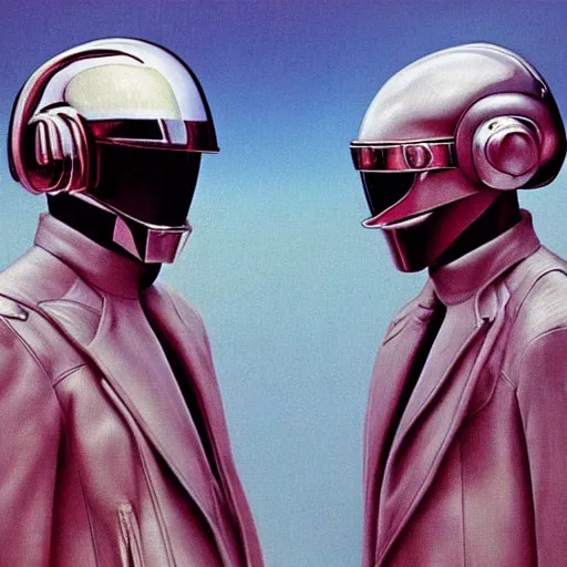 Prompt: album art beautiful portrait of daft punk wearing leather jackets, painted by zdzislaw beksinski