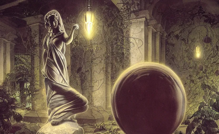 Prompt: a neoclassicist portrait of an otherworldly marble statue holding dimly glowing orbs in a botanical sci - fi courtyard at night. reflective textures. glowing fog. highly detailed fantasy science fiction painting by moebius, norman rockwell, frank frazetta, and syd mead. rich colors, high contrast, gloomy atmosphere, dark background. artstation