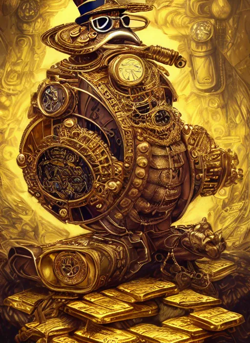 Image similar to athropomorphized rich duck capitalist sitting on pile of gold, wearing steampunk top hat, steampunk goggles, casting spell, concept art, insanely detailed and intricate, hypermaximalist, elegant, ornate, hyper realistic, super detailed, art deco, cinematic, trending on artstation, magic the gathering artwork